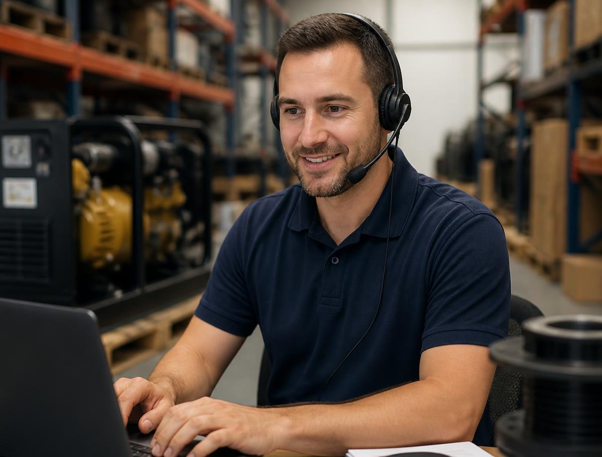 Conseiller technique Globalstock avec casque téléphonique dans l'entrepôt de groupes électrogènes